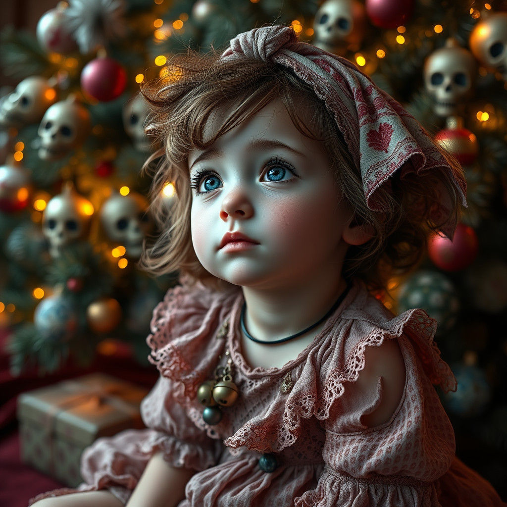 Girl by Christmas Tree in Gothic Style