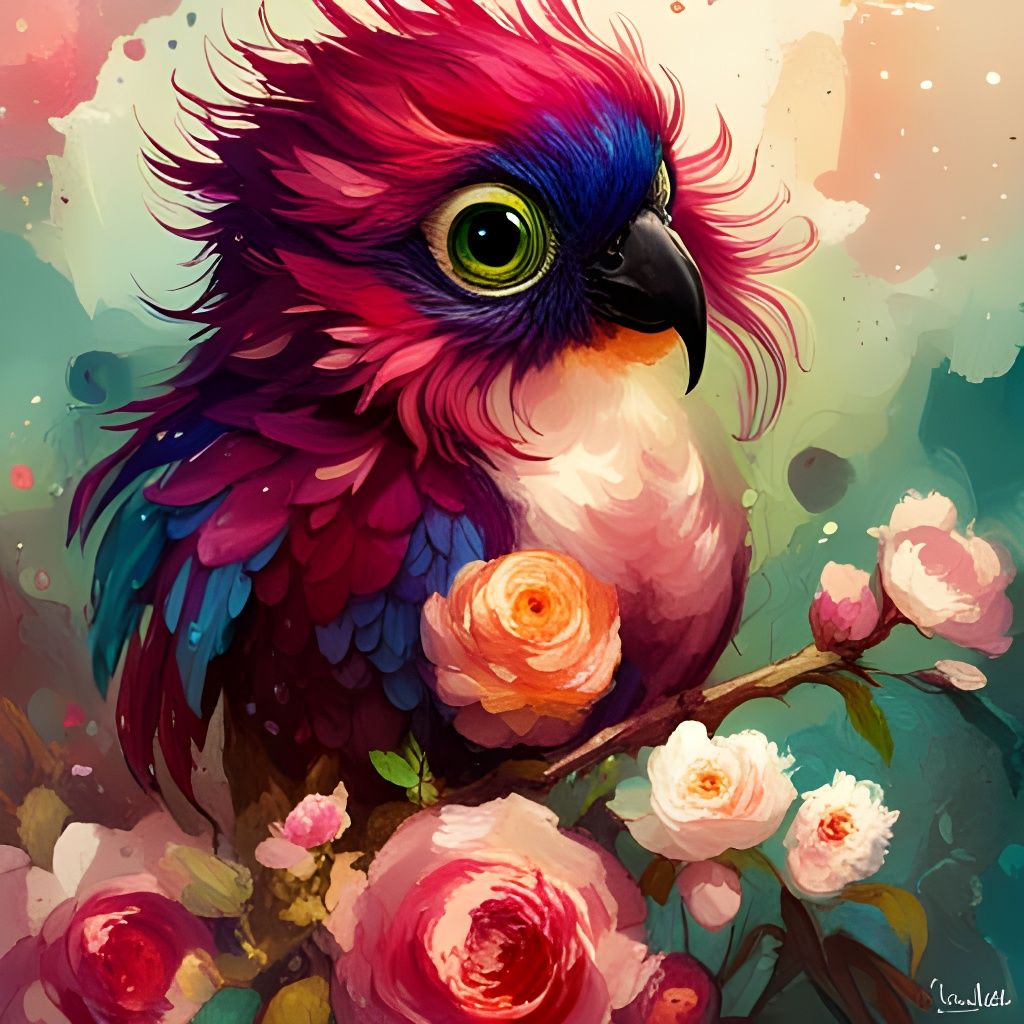 Adorable Floral Parrot Chibi in Hyperrealistic Style