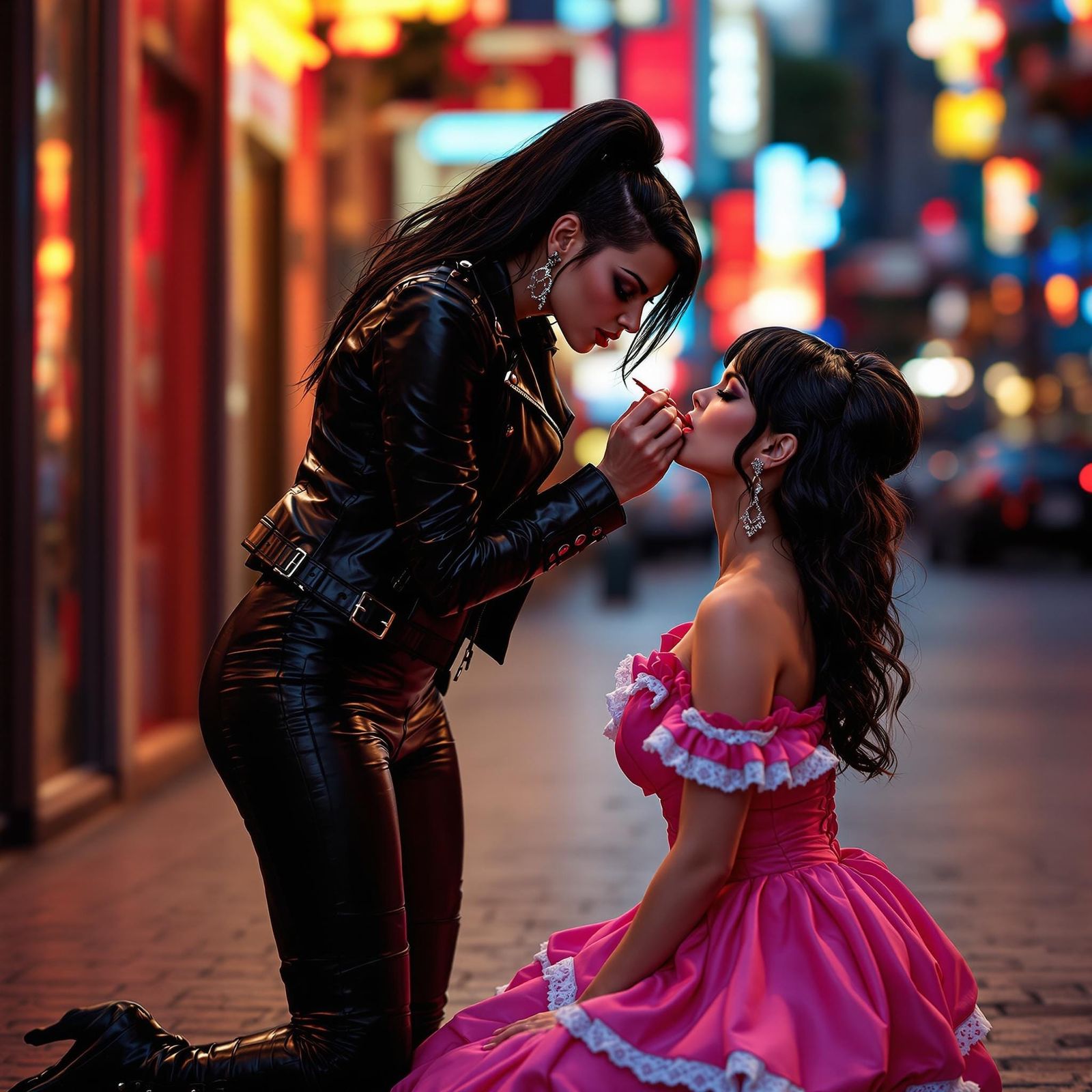 Dominant Woman Applies Lipstick in Futuristic Noir Style