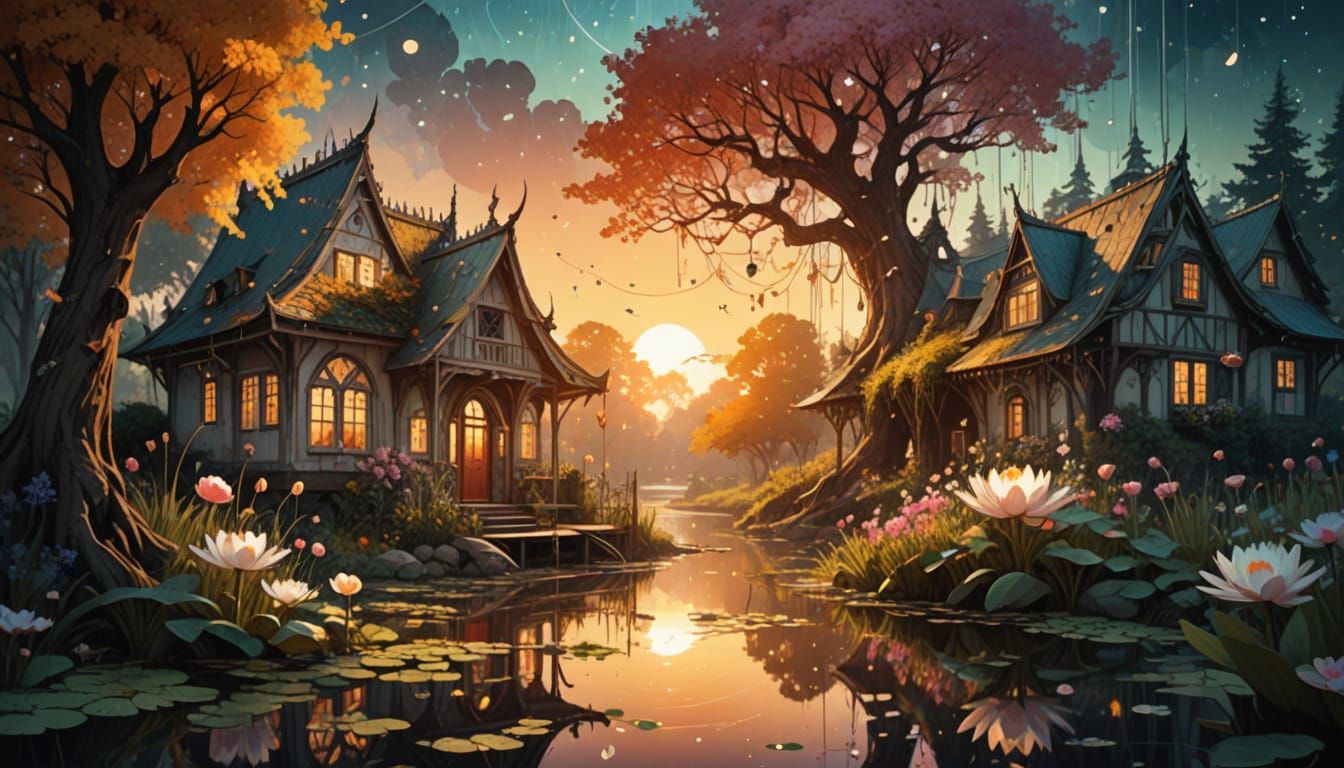 Enchanted Boathouse on Lake at Sunset