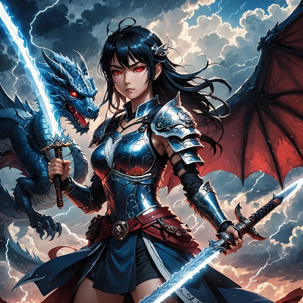 Anime Warrior with Dragon Sword Under Lightning Sky