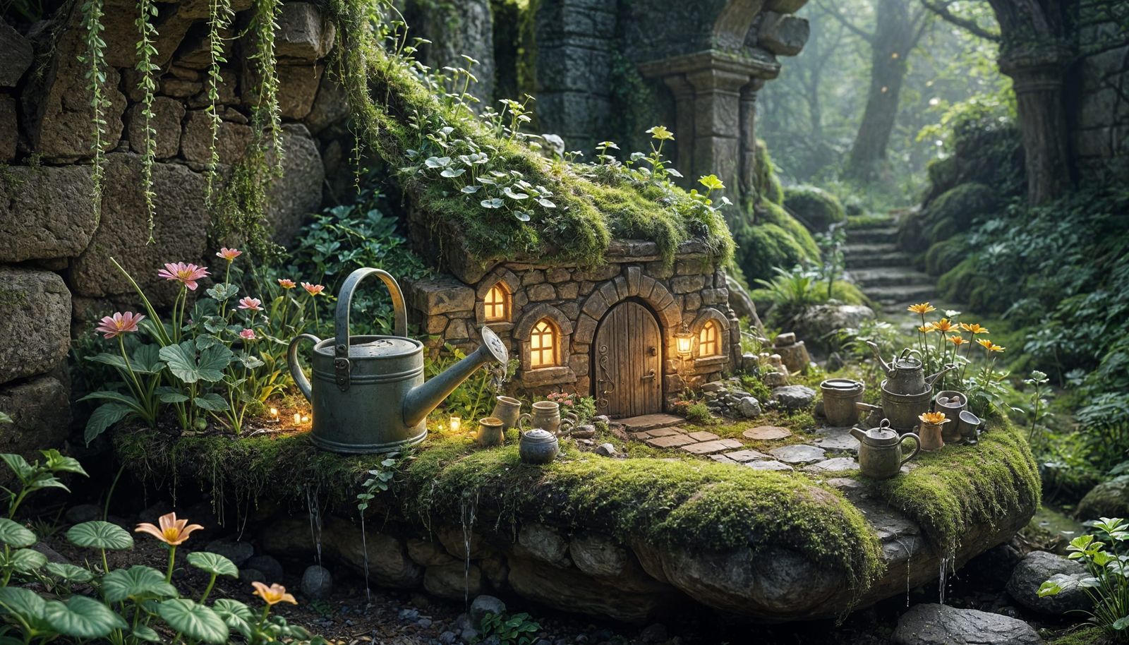 Whimsical Fairy Garden Beside Ancient Ruins