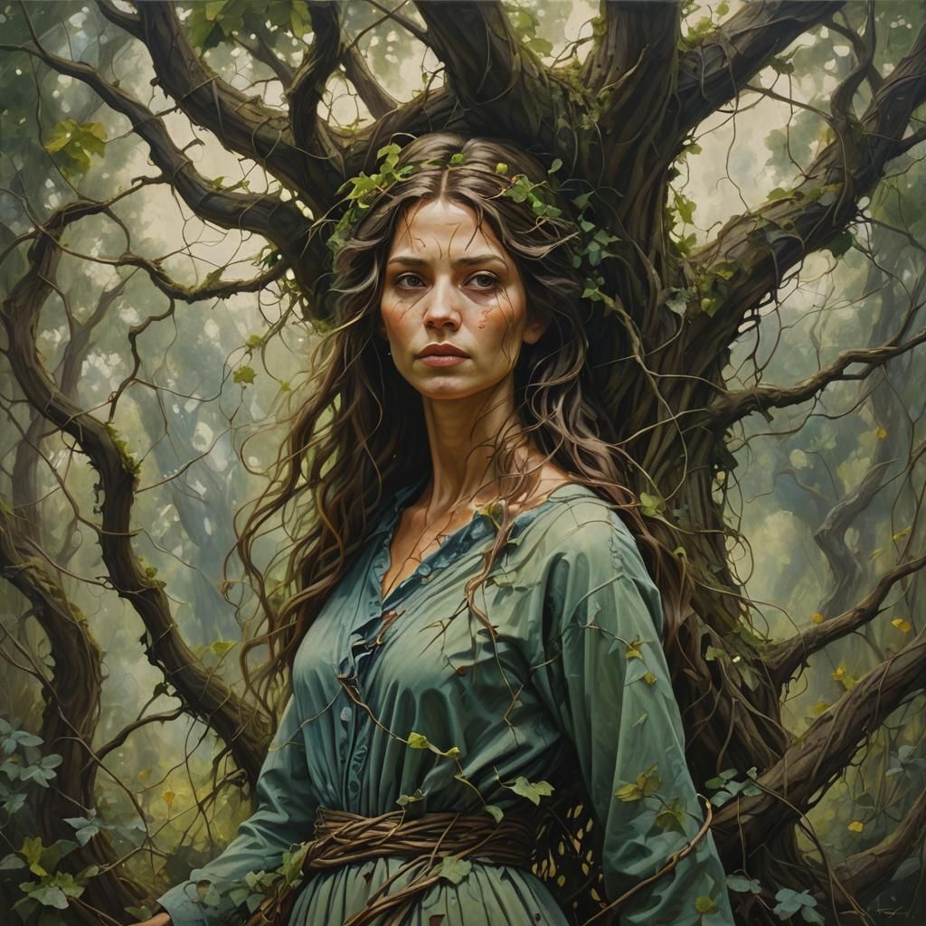 Woman Merged with Tree in Oil Painting Style