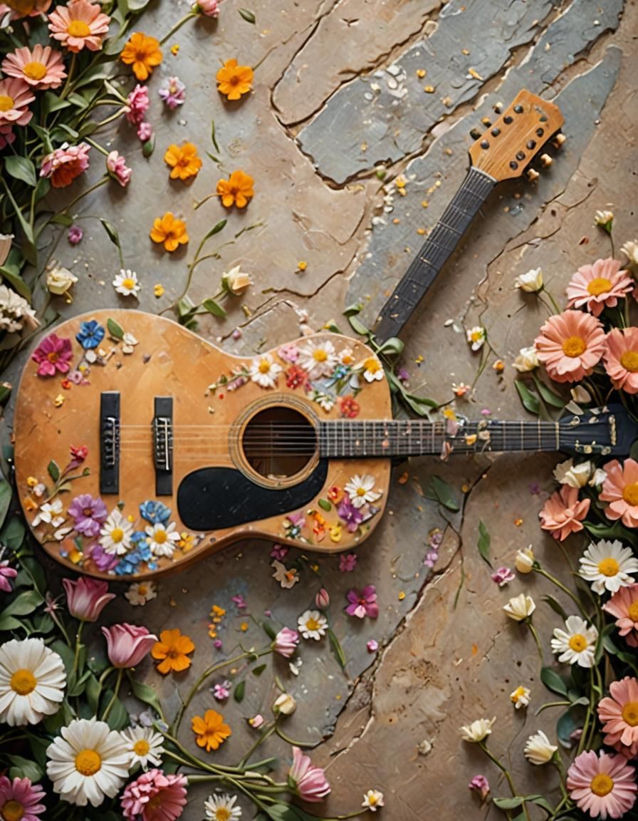 Floral Guitar Still Life in Impressionist Style