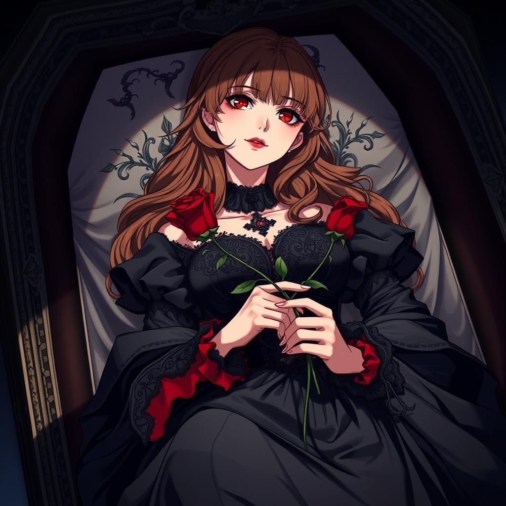 Victorian Woman in Coffin, Anime Cel-Shaded Style