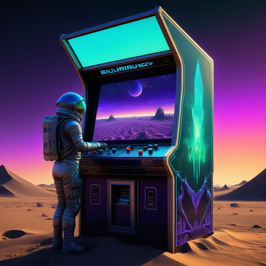 Astronaut Discovers Giant Arcade Machine on Alien World