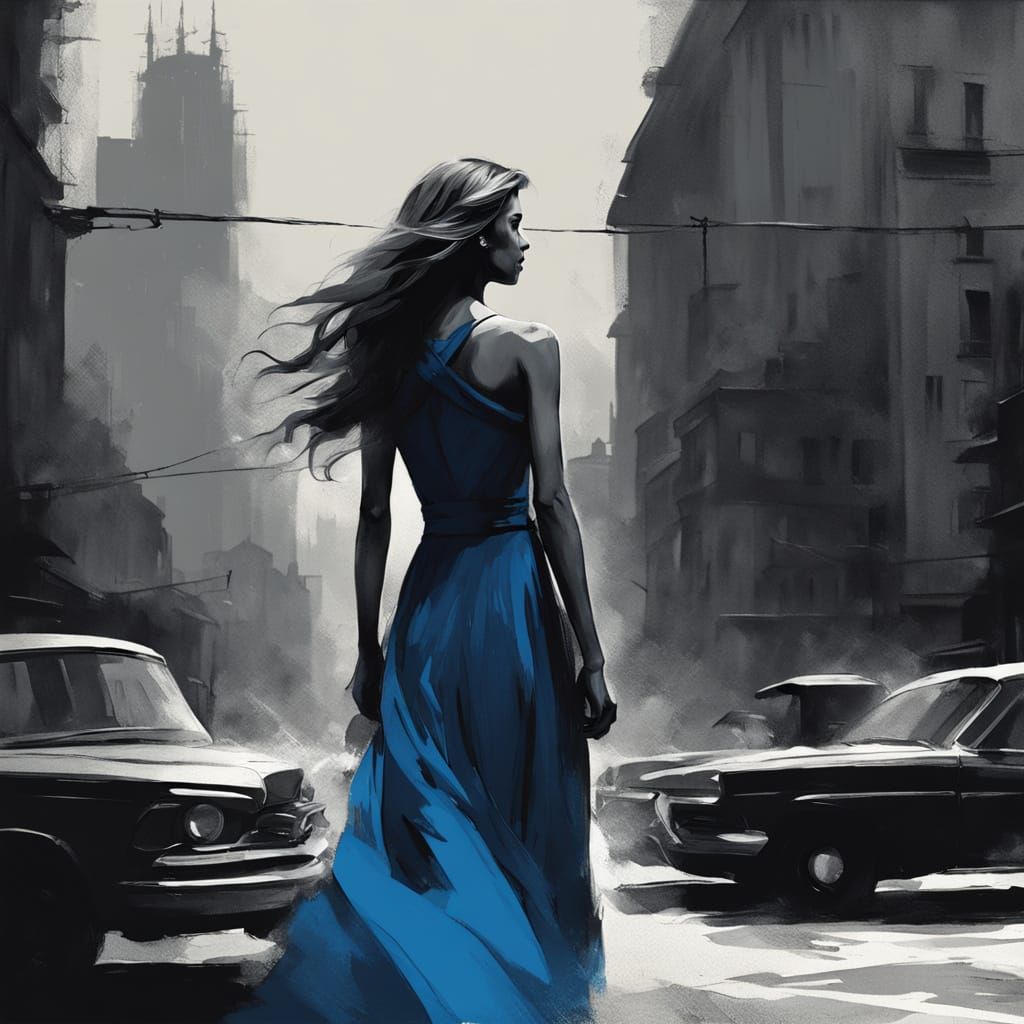 Woman in Blue Dress in Grayscale Cityscape