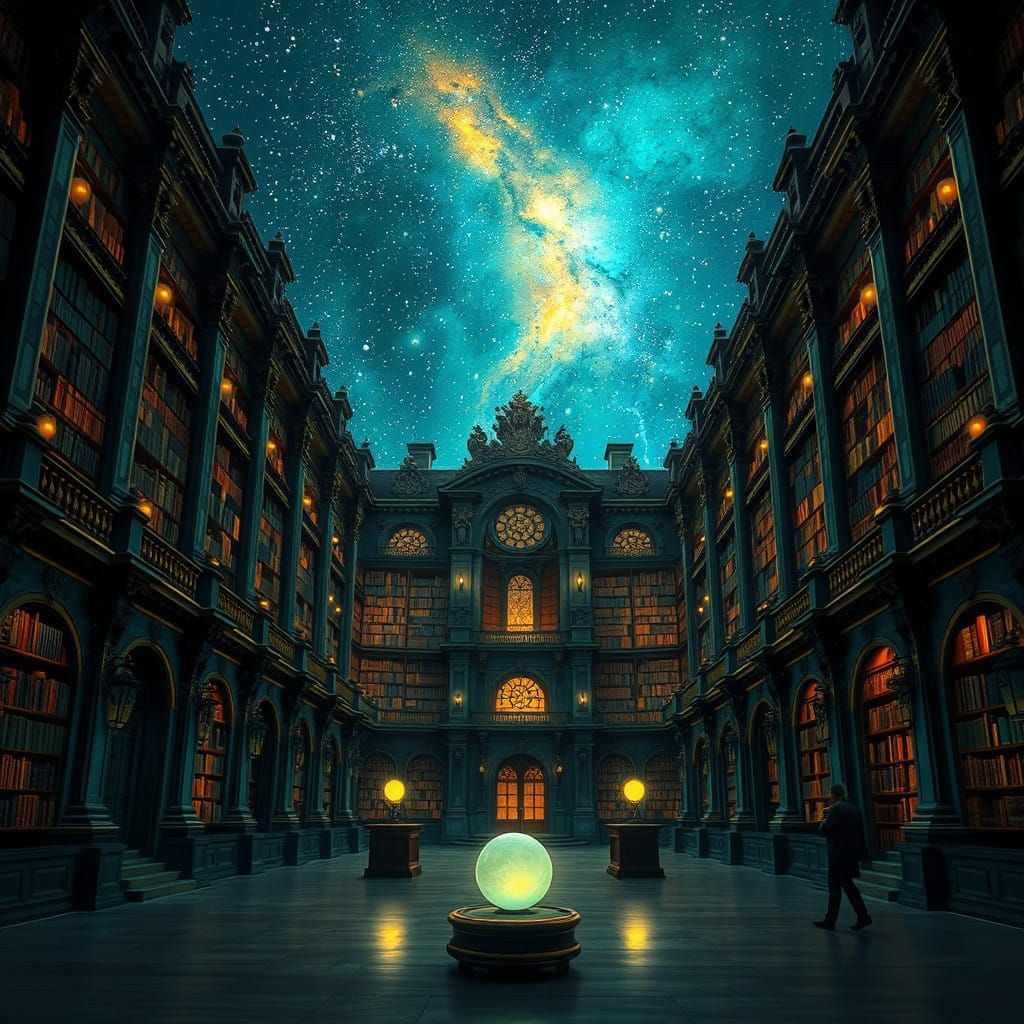 Dreamlike Fantasy Realm: Majestic Library Under Starry Night...