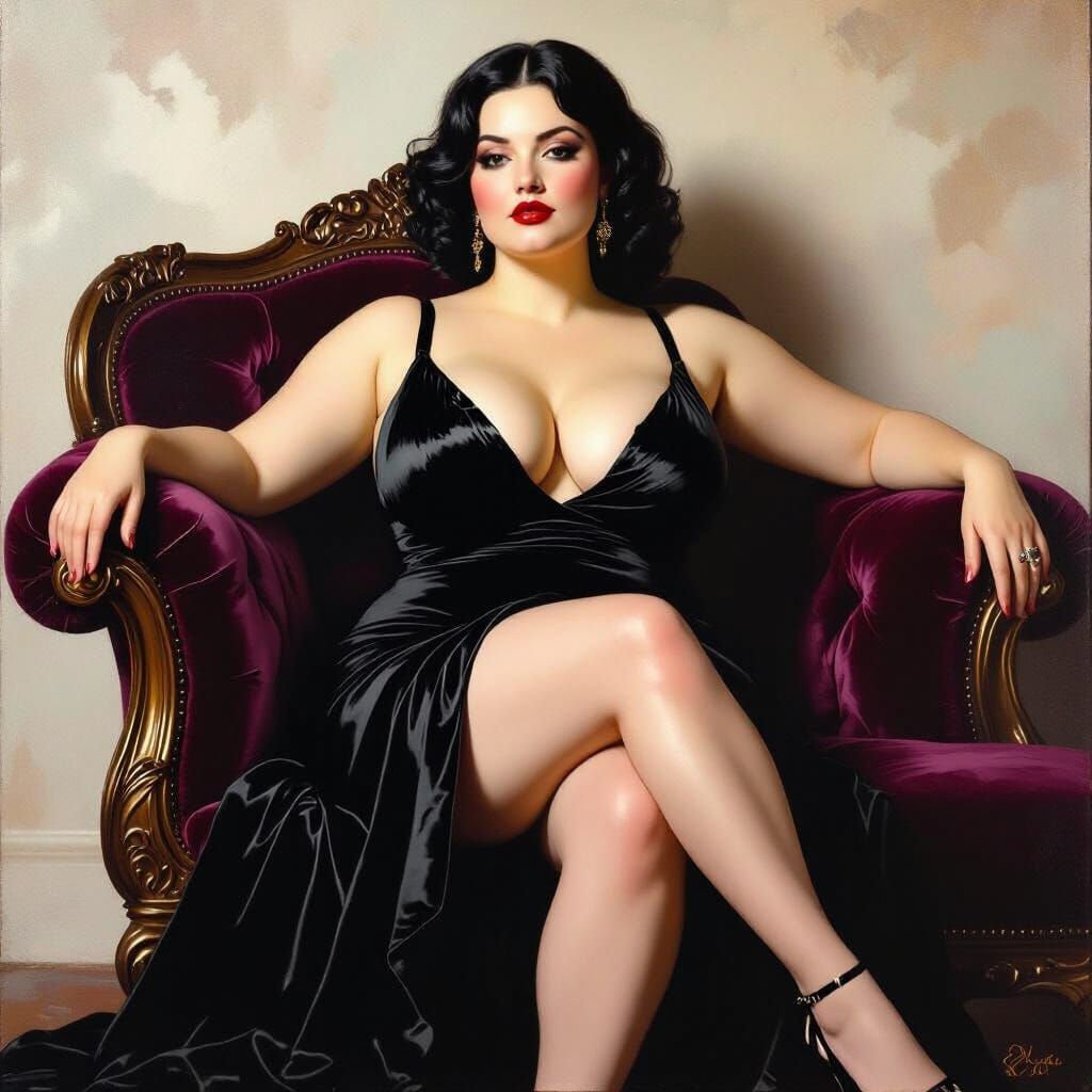 Elegant Woman in Revealing Black Dress on Velvet Chaise
