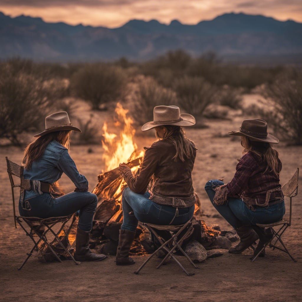 Cowgirls at Desert Campfire: Hyperrealistic Early Morning Sc...
