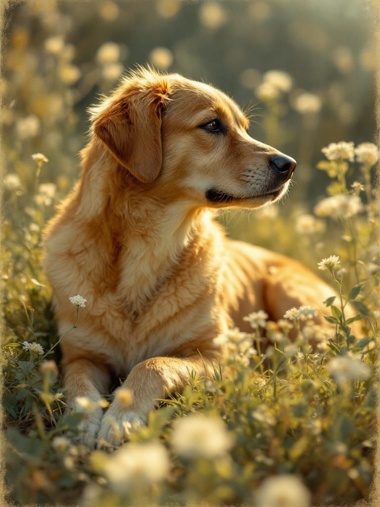 Dog Rests in Sunlit Field, Vintage Chromolithograph Style