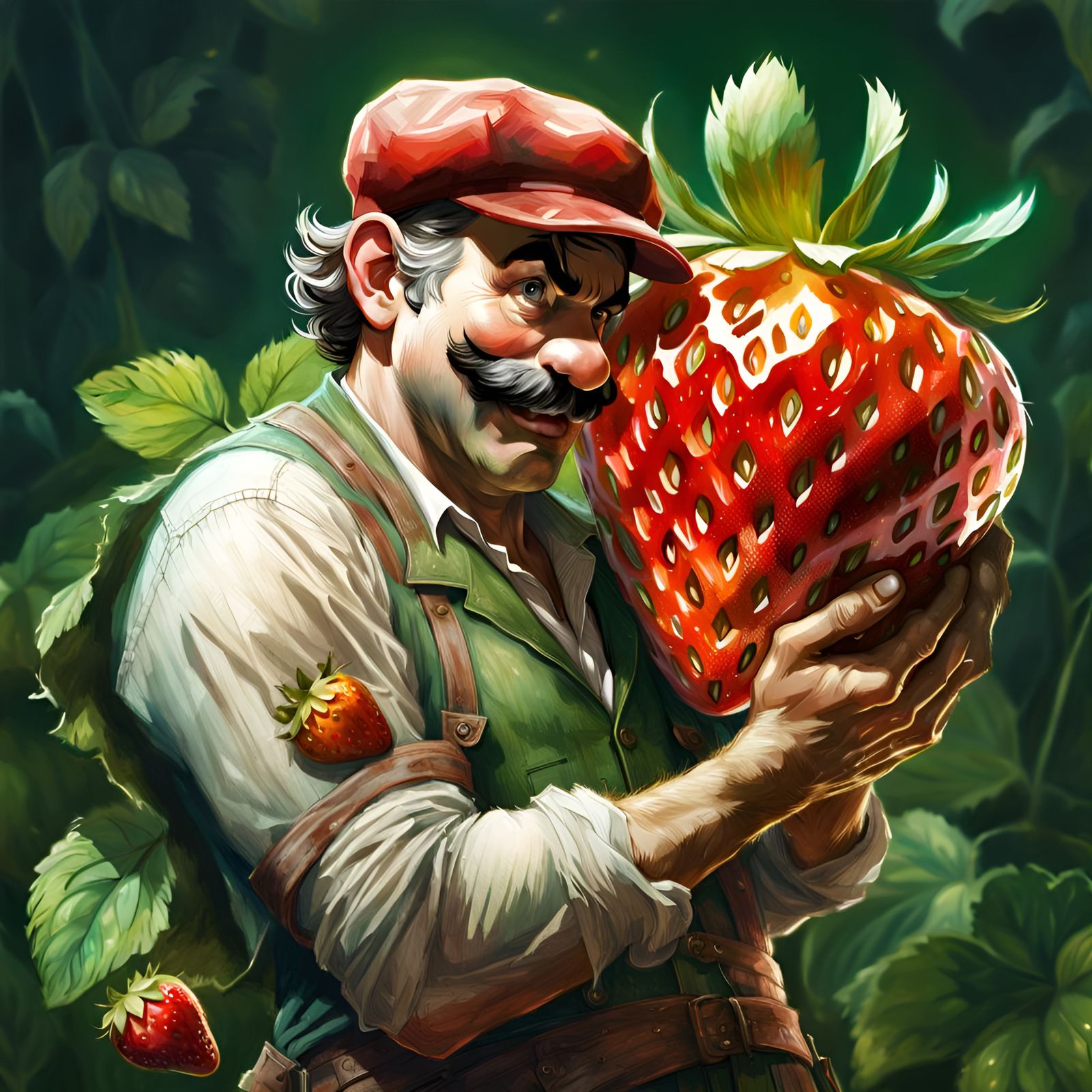 Mario Hugs Strawberry: Digital Illustration in Classic Style