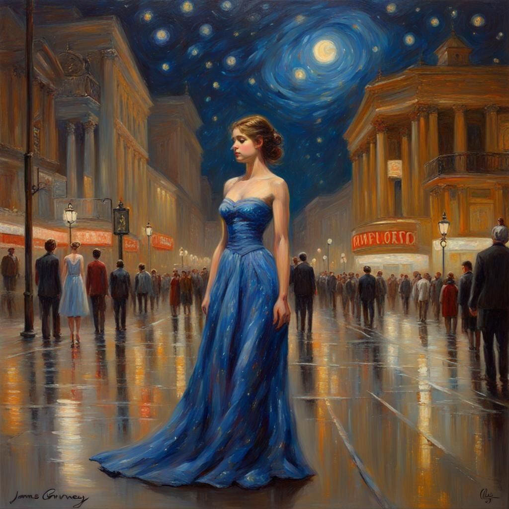Girl at Starry Night Opera, Oil Painting