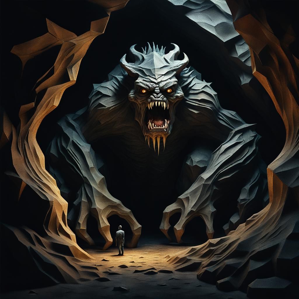 Grotesque Monster Devouring Offspring in Giger-esque Cave