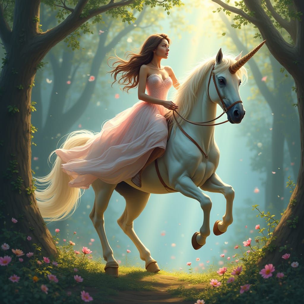 Elegant Woman Riding Unicorn in Whimsical Forest