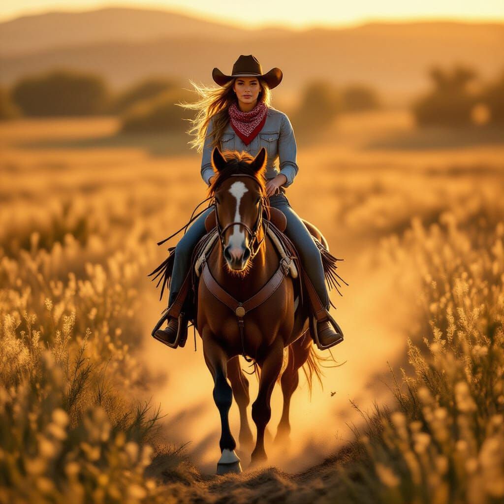 Cowgirl Rides Horse at Sunset in Dusty Field