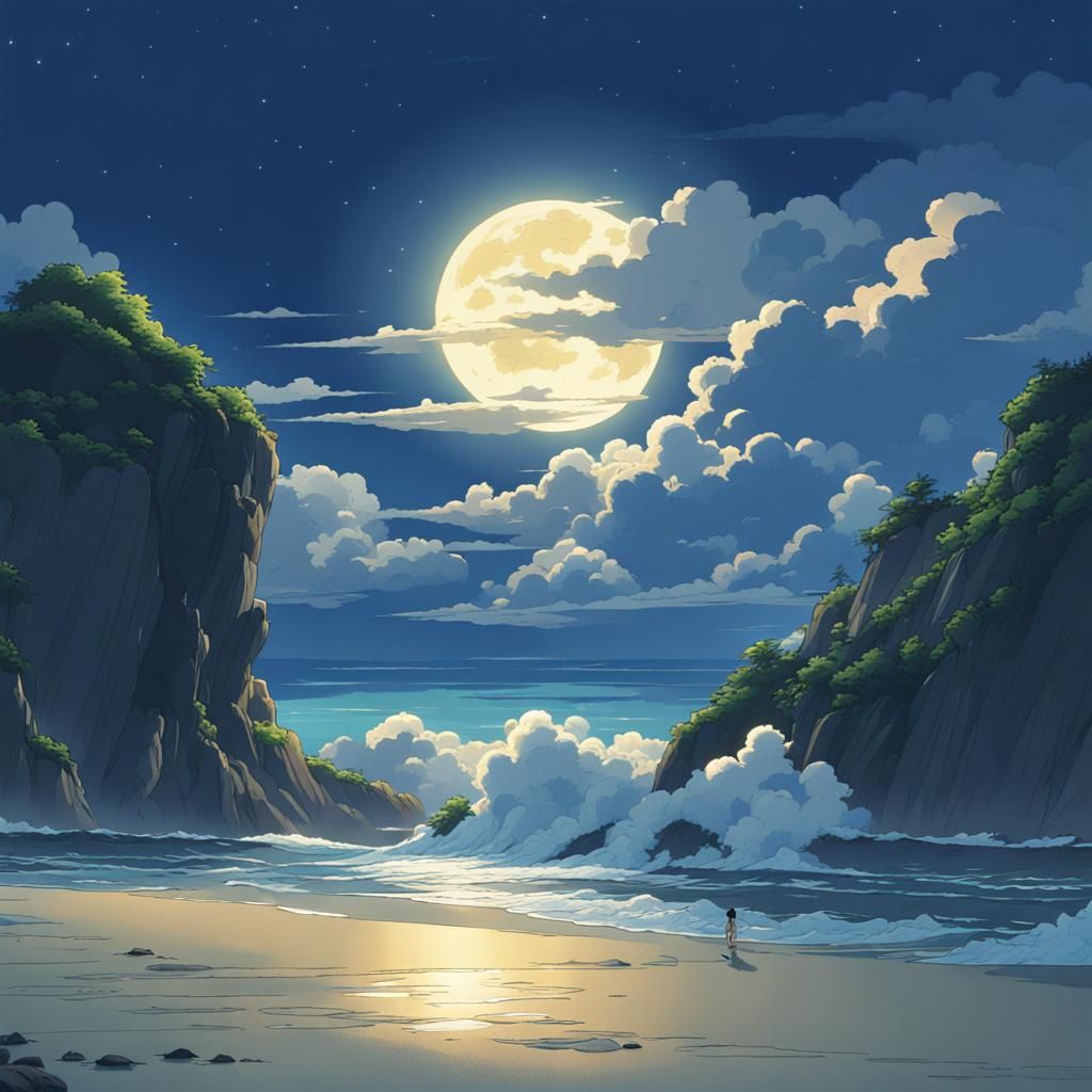Moonlit Surf: Ghibli-Style Anime Key Visual