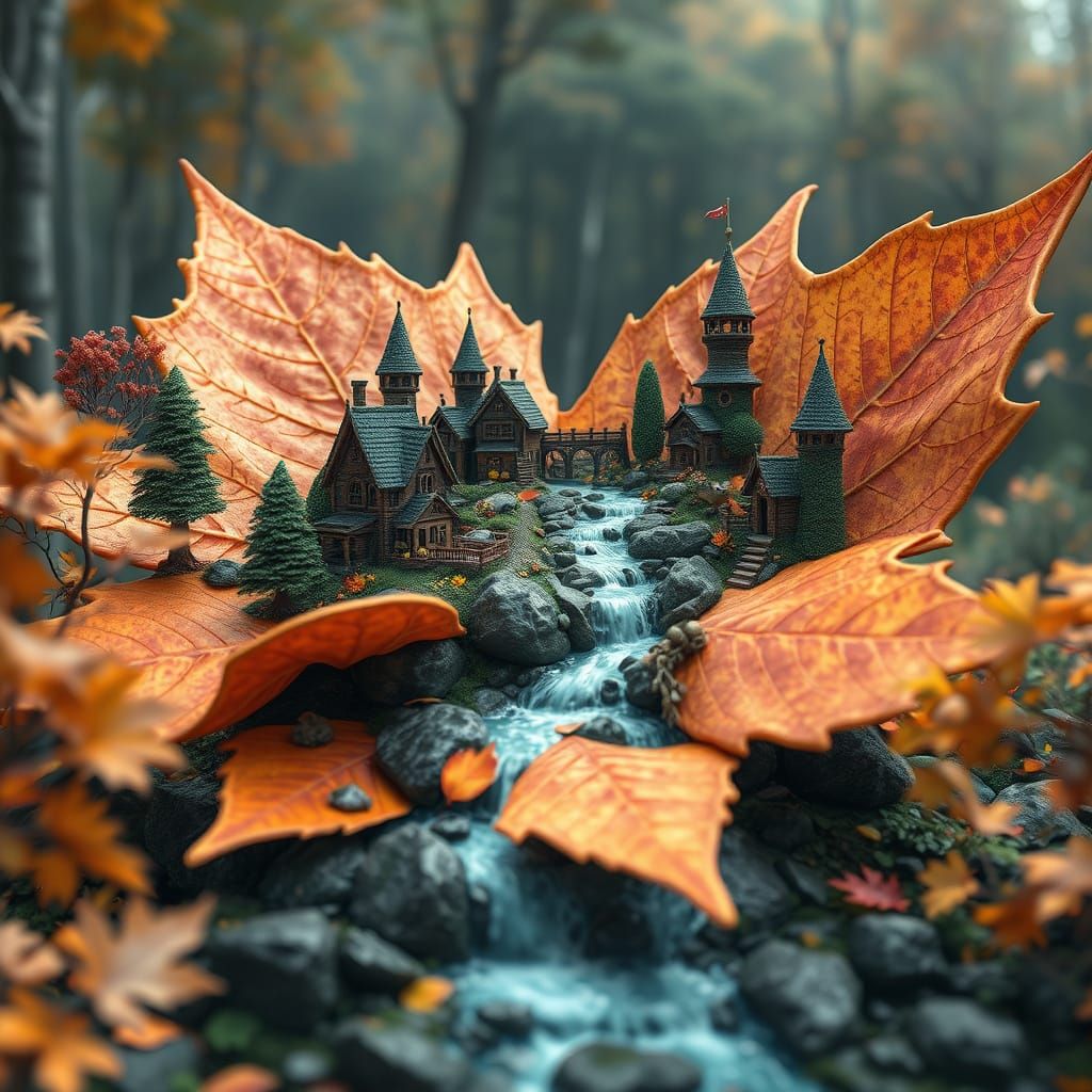 Fairy Village on Autumn Leaf in Fantasycore Style