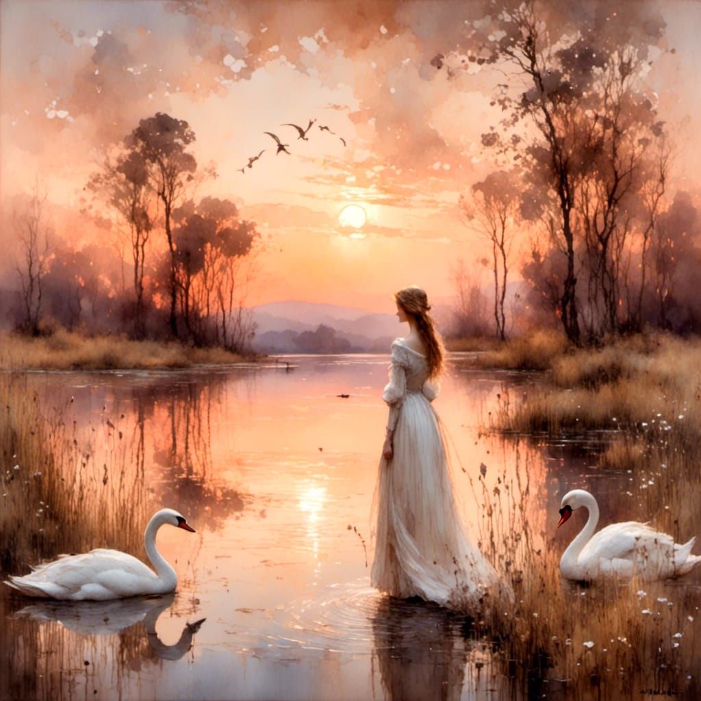 Woman and Swans at Sunset: Romantic Landscape Painting