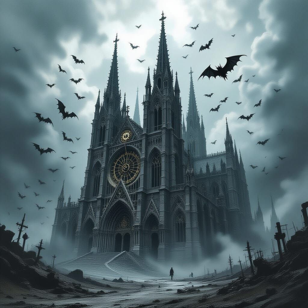 Gothic Cathedral of Bone and Clockwork in Charcoal Style