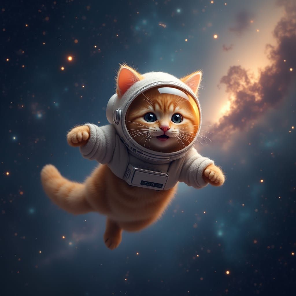 Ginger Cat Astronaut in Space with Comet