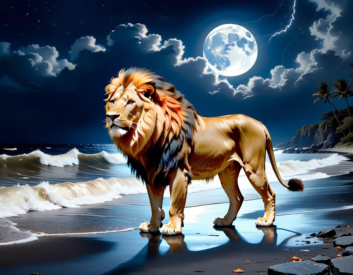 Lion's Roar on Moonlit Beach in Solarized Style