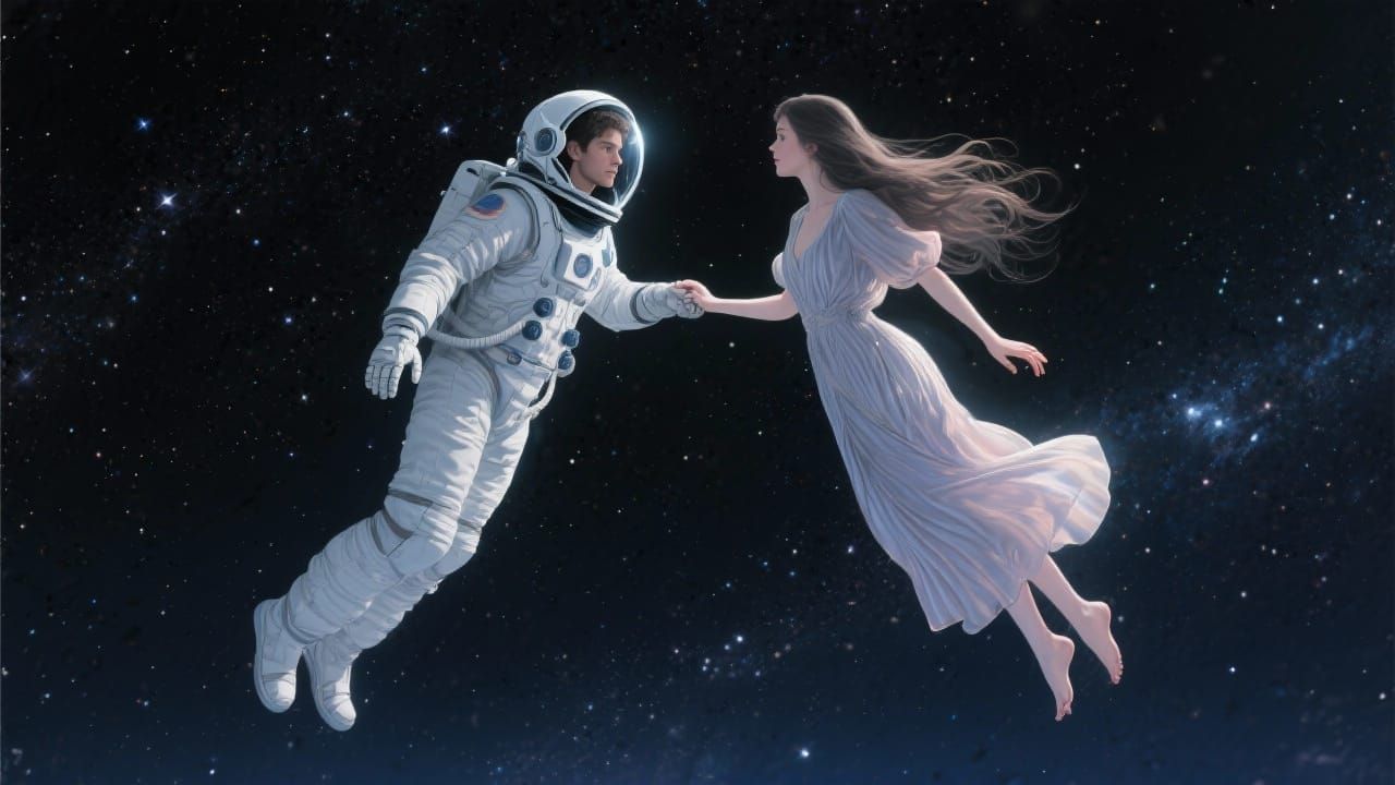 Cosmic Embrace: Figures Meet in Infinite Space