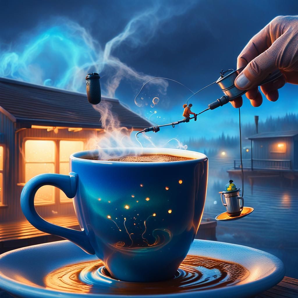 Man Fishing in Coffee Cup: Whimsical Fantasy Art