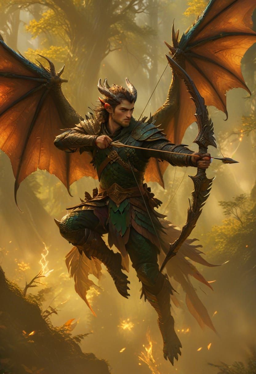 Dragon-Human Archer in Mystical Forest Oil Painting