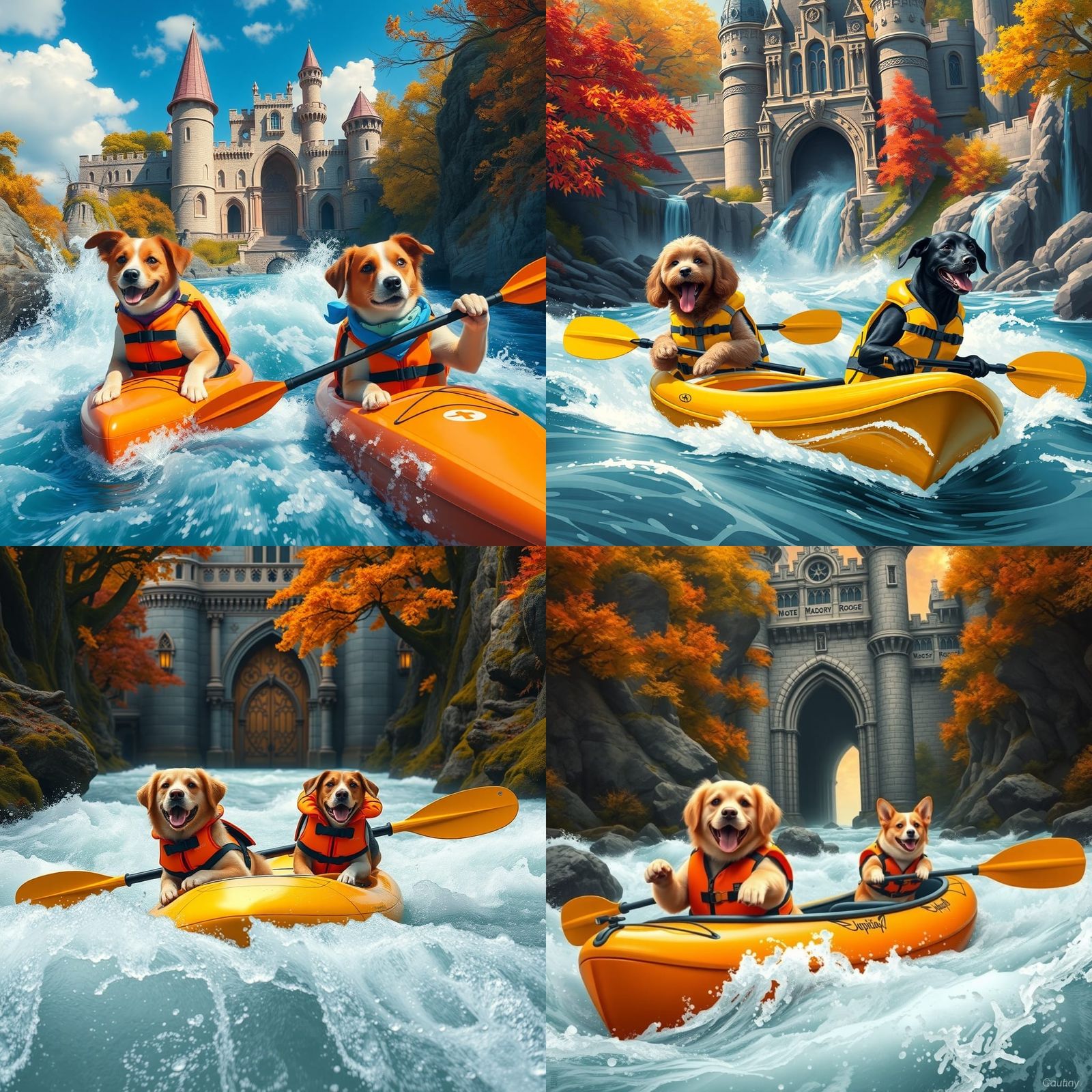 Dogs Kayaking Whitewater River with Fantasy Castle