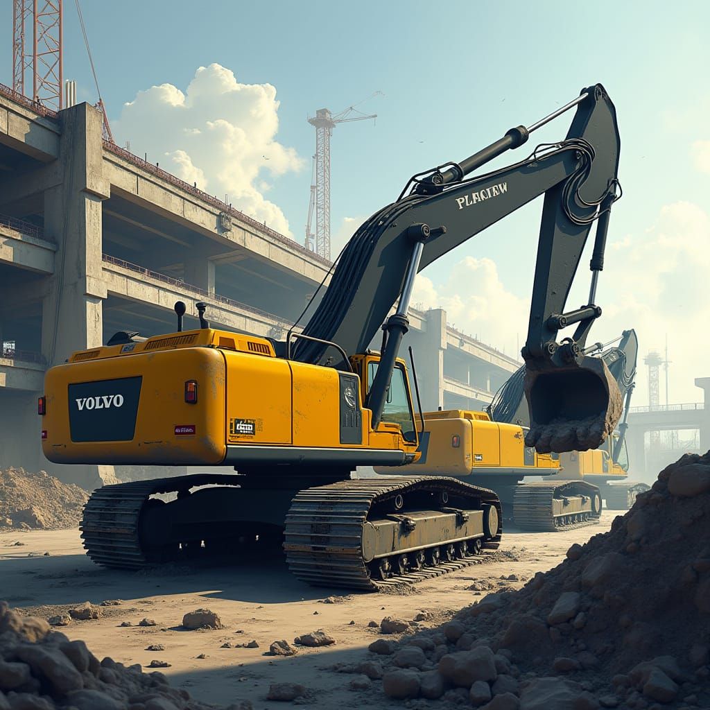 Yellow Volvo Excavators at Dramatic Construction Site