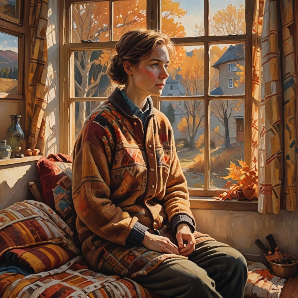 Cozy Autumn Landscape Oil Painting with Woolen Patterns