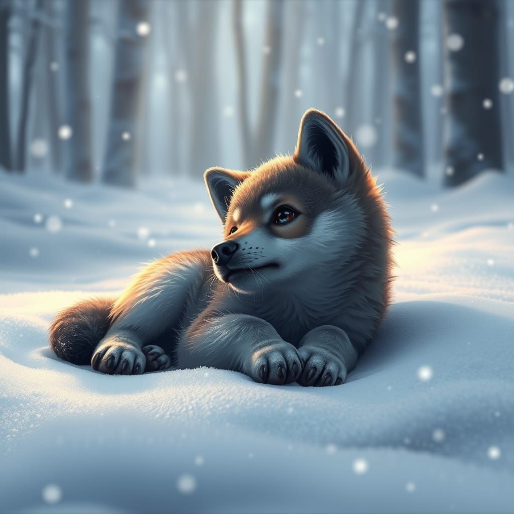 Snowy Wolf Pup Searches for Help in Serene Forest