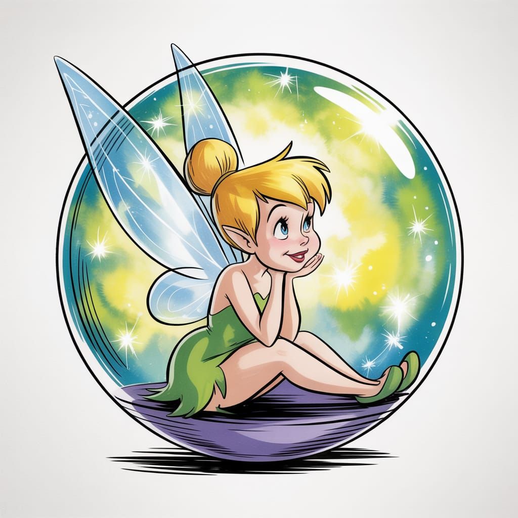 Tinkerbell Dreams in Floating Orb: Watercolor Comic Art