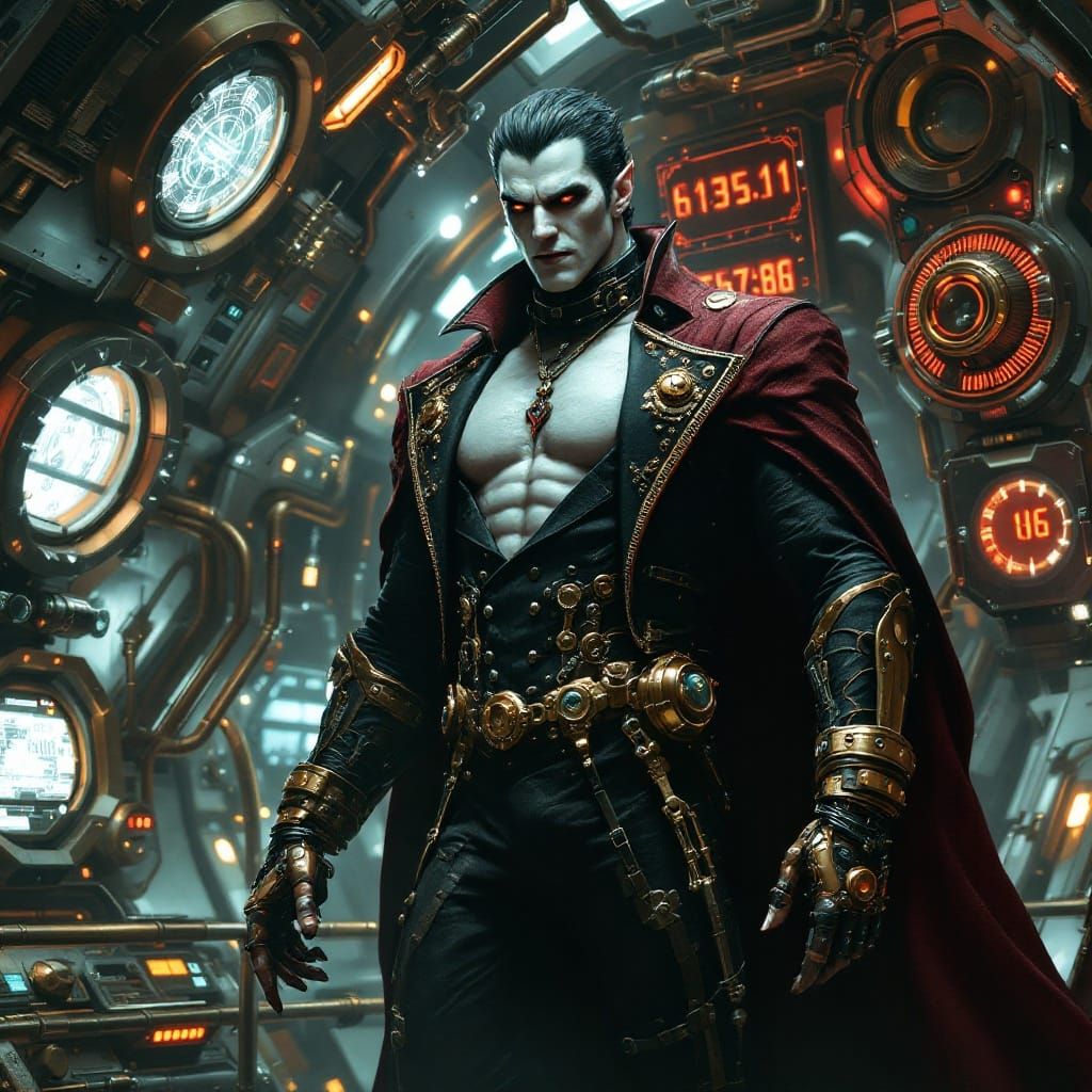 Surreal Vampire Navigator in Steampunk Spacecraft