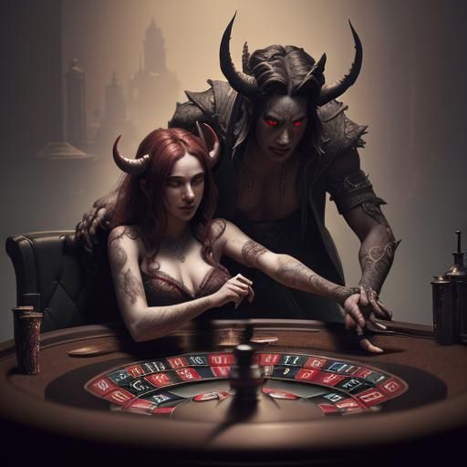 Devil Plays Roulette With Woman: Fantasy Concept Art