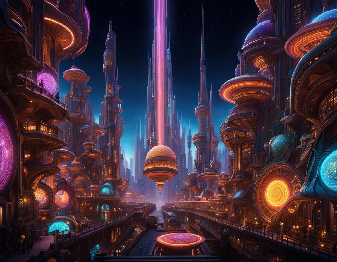 Futuristic Cosmic Metropolis: Magic and Technology