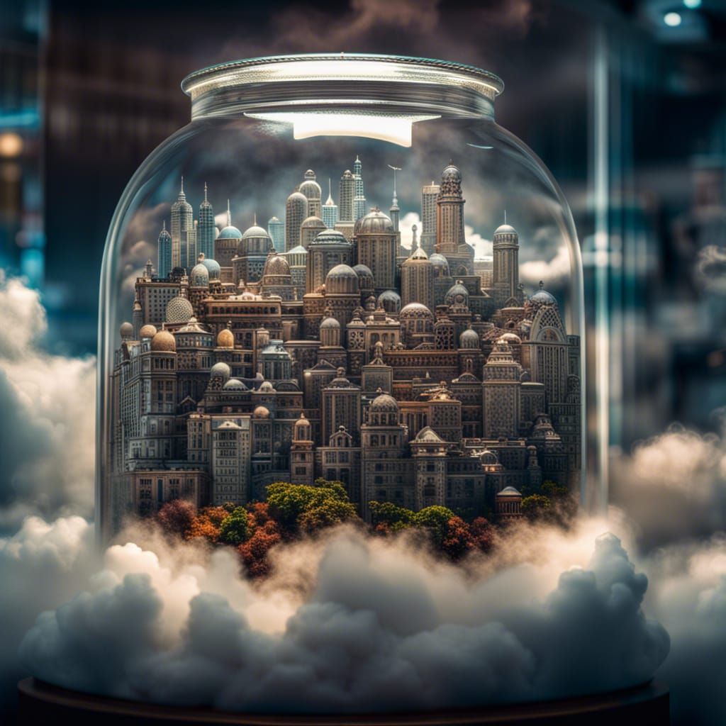 Cloud City in Glass Jar: Hyperrealistic 64MP