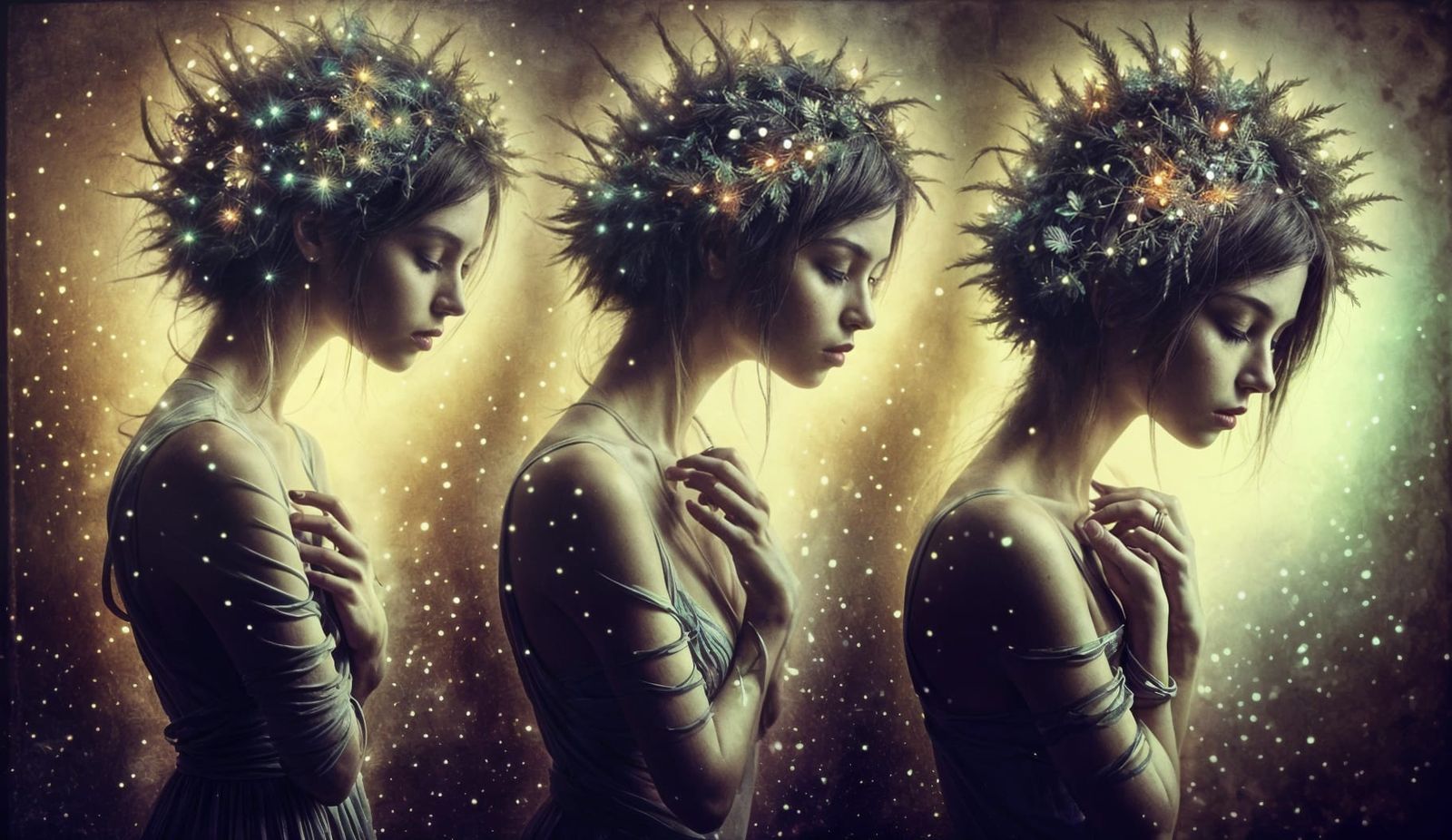 Ethereal Woman with Bioluminescent Hair on Forest Bridge