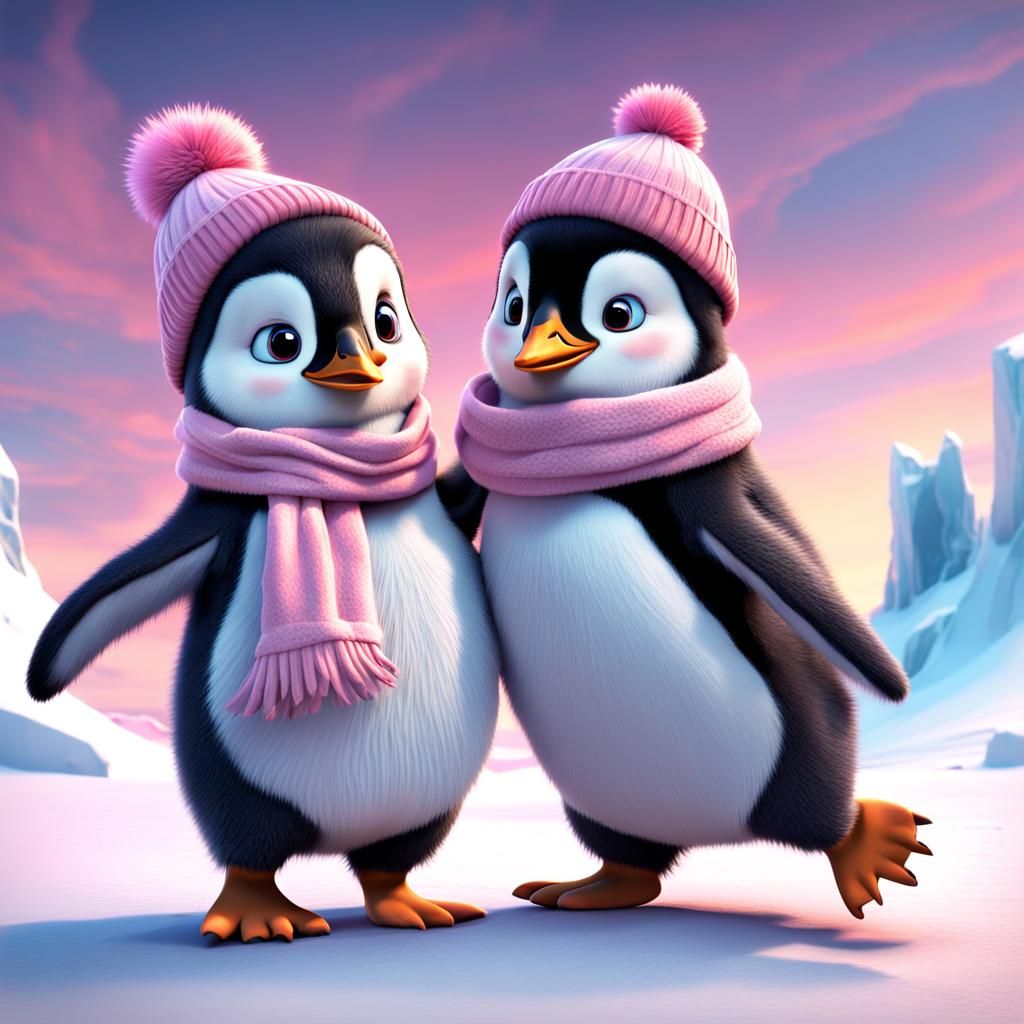 Penguin and Girl Dancing in Antarctica: Pixar Style