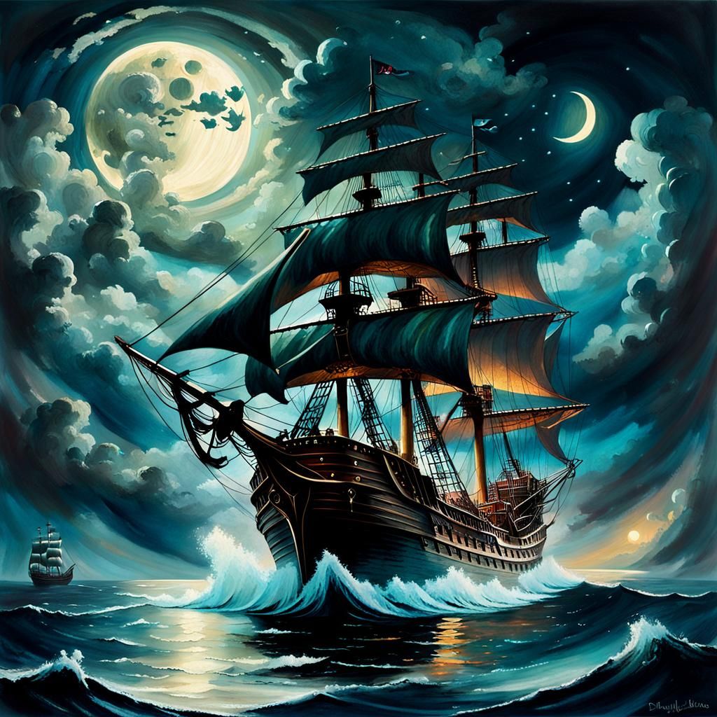 Pirate Ship and Mermaid in Phosphorescent Seas