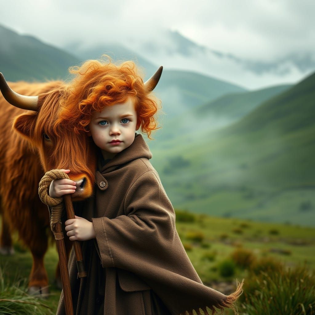 Majestic Highland Girl Walks with a Scottish Cow in the Emer...