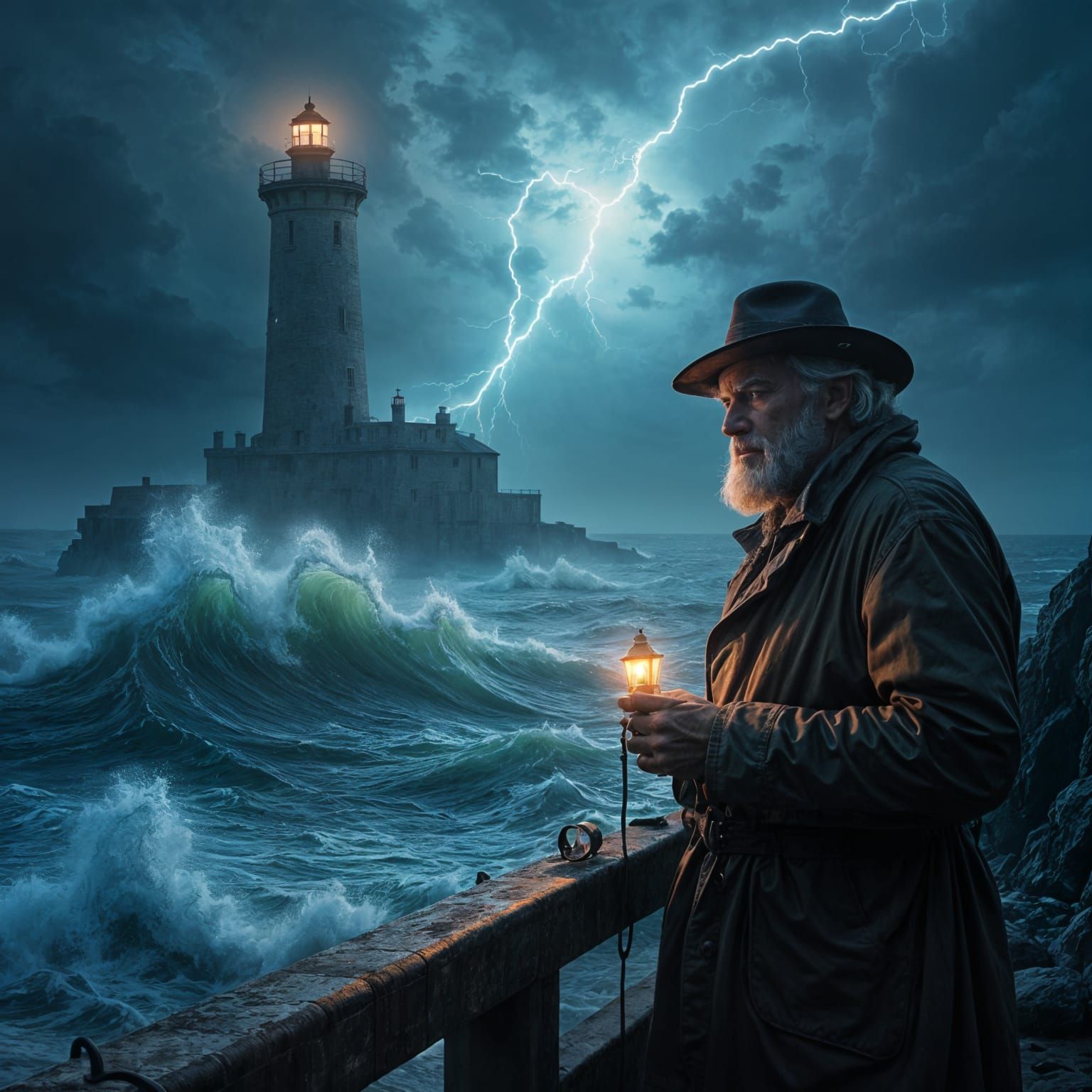 Hyperrealistic Storm Scene with Lighthouse Keeper