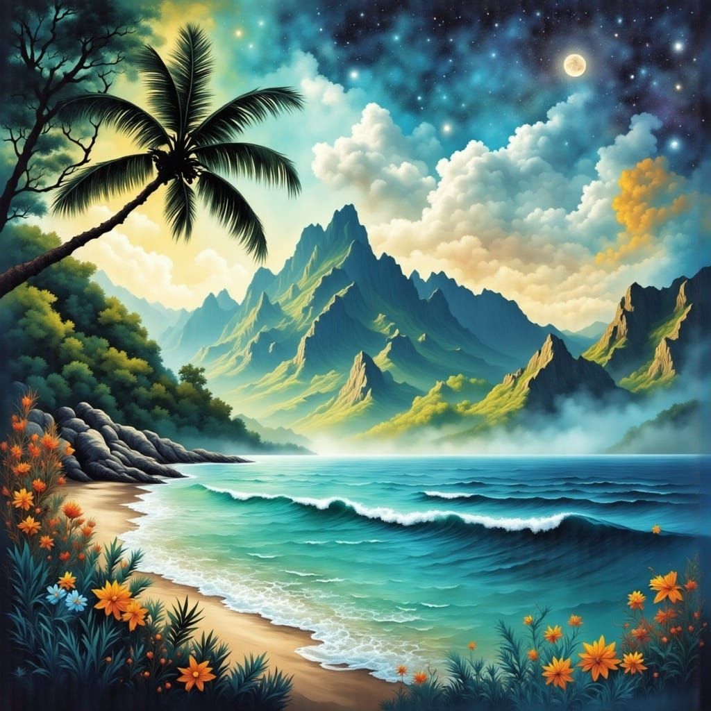 Bora Bora Island View in Graffiti Art Style