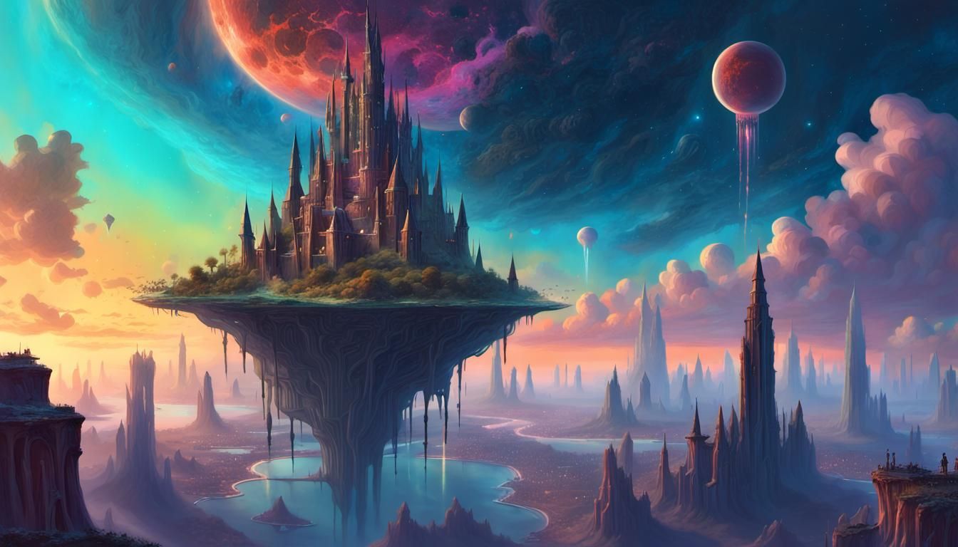 Flying Island Castle City in Iridescent Nebula