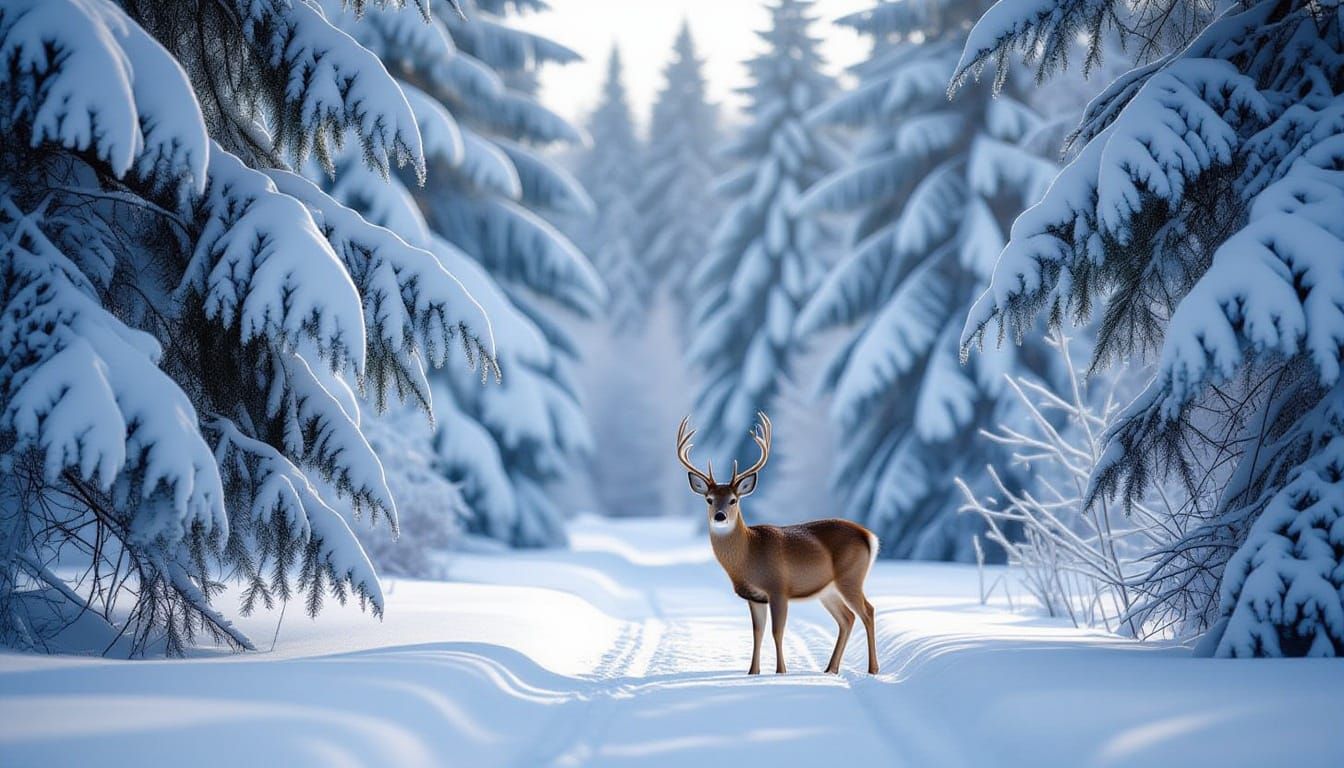 Serene Winter Forest with Deer, Realistic Photography