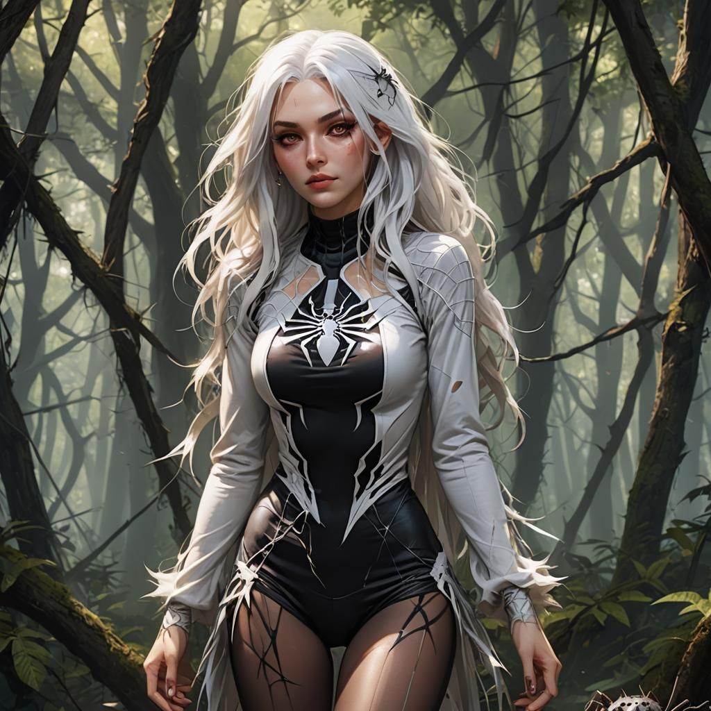 Spider Woman with Expressive Eyes in Forest