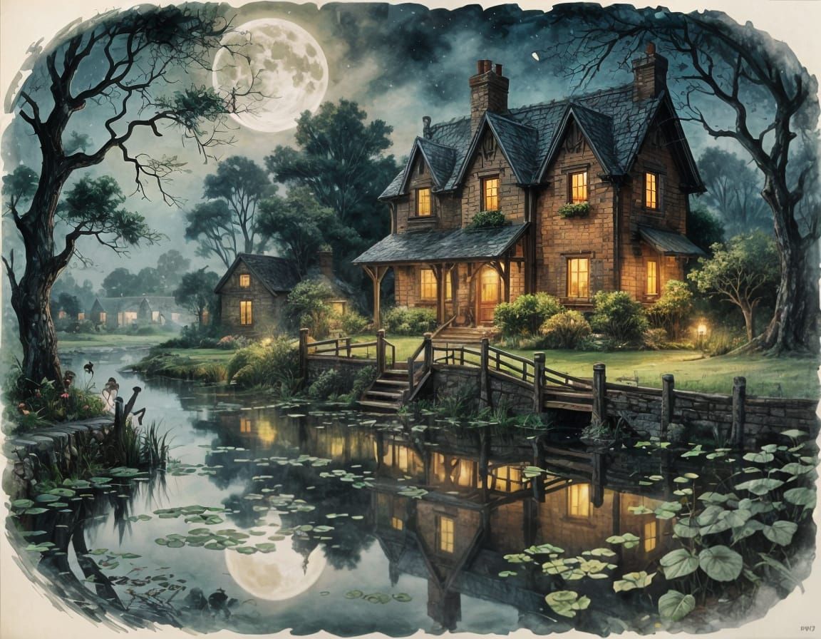 Whimsical Cottage Under Moonlit Mist in Stylized Watercolor