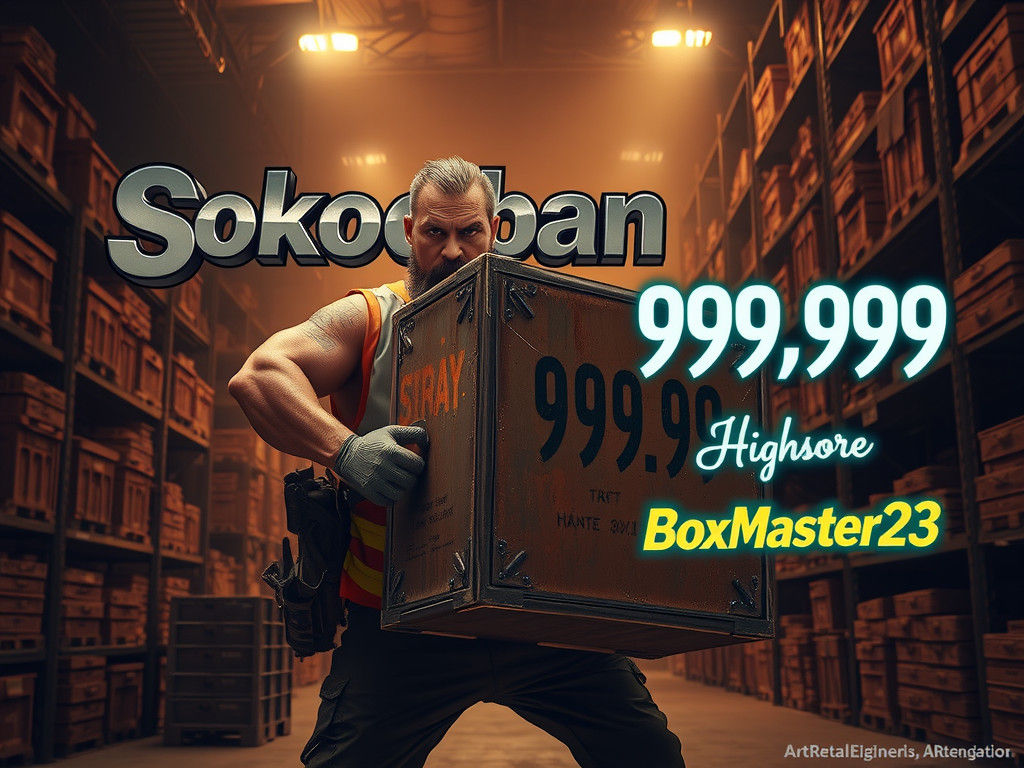 Intense Warehouse Worker Pushing Crate in Dramatic Lighting