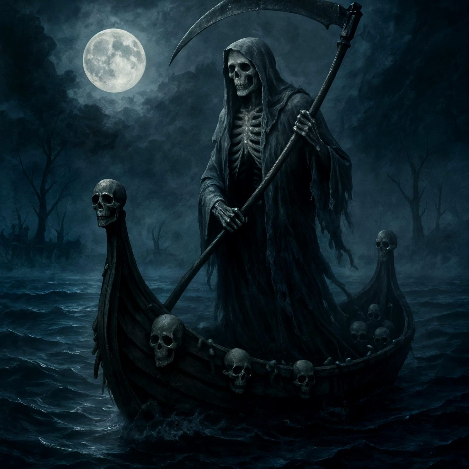 Ethereal Ferryman Sailing Misty Sea of Souls